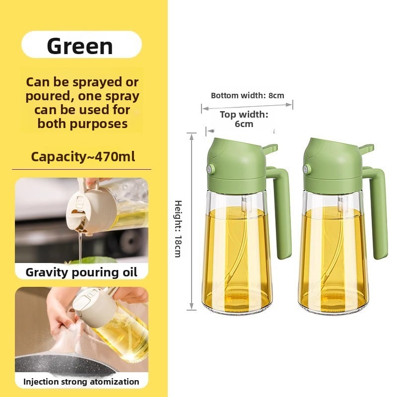 Green oil sprayer with measurement details on a white background