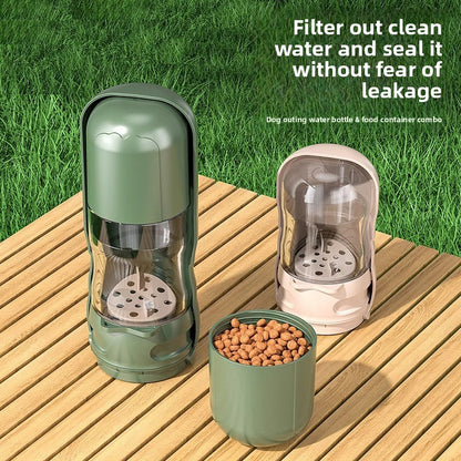 Dog outing water bottle and food container combo on a wooden surface with grass background