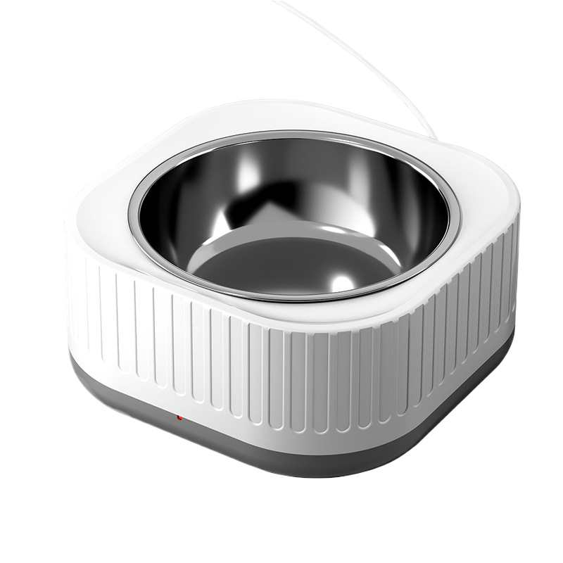 Stainless steel pet bowl with white plastic holder on a white background