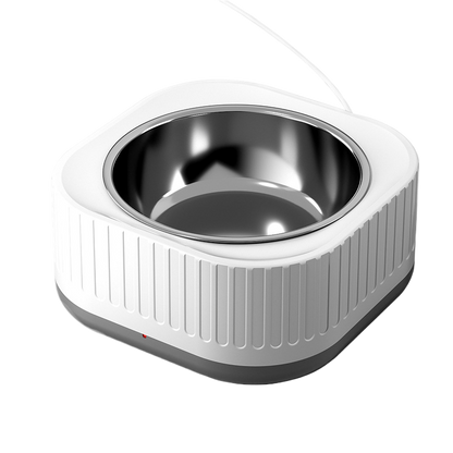 Stainless steel pet bowl with white plastic holder on a white background