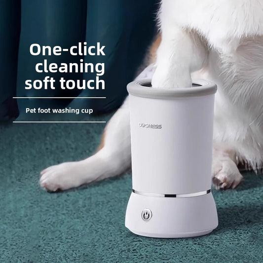 Pet foot washing cup with a dog's paw being cleaned on a carpeted floor.