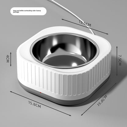 Stainless steel pet bowl with white plastic rim and dimensions on a gray background