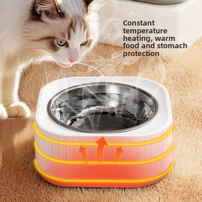 Heated pet bowl with a cat looking at it, featuring text about constant temperature heating.