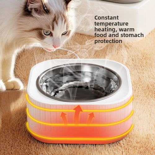 Heated pet bowl with a cat looking at it, featuring text about constant temperature heating.
