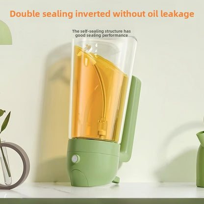 Oil Spray Bottle with oil on a white surface, text about double sealing and oil leakage.