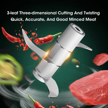 Meat grinder with text about its features, surrounded by sliced vegetables and meat on a dark background.