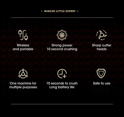 List of features of a handheld device on a dark background with icons and text.