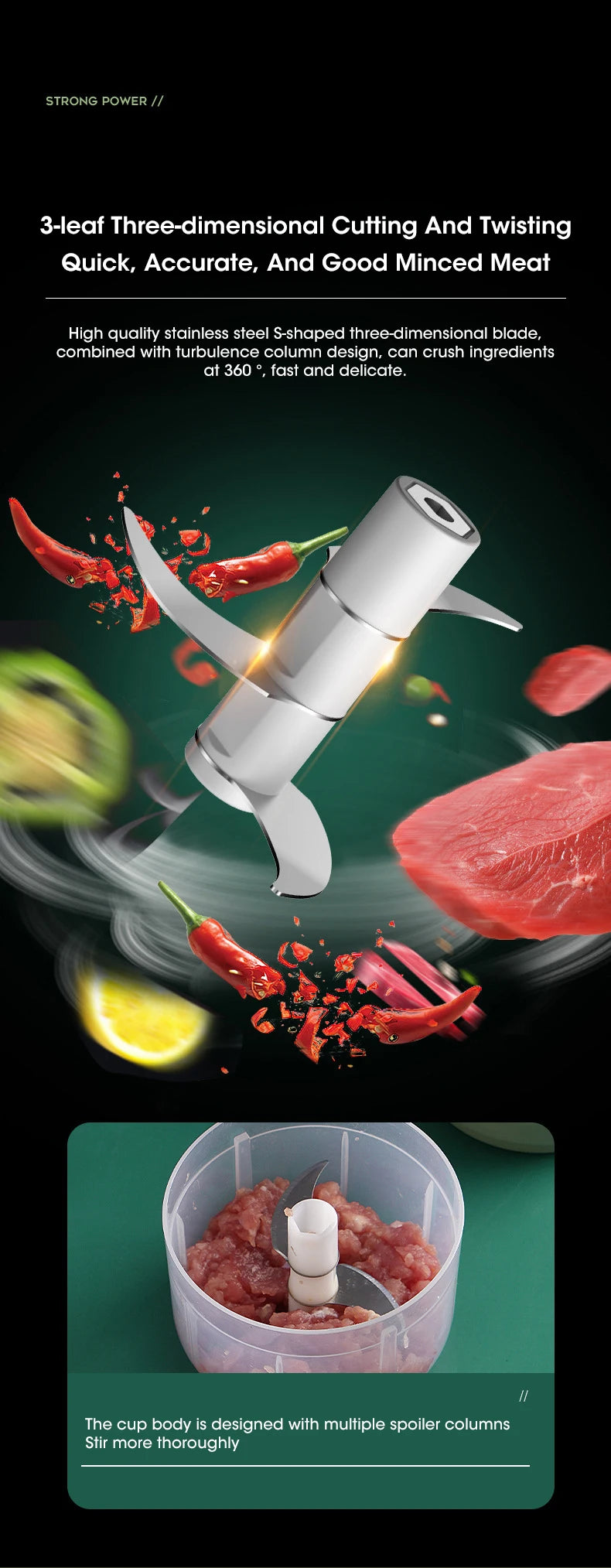 Meat grinder with ingredients and text on a dark background