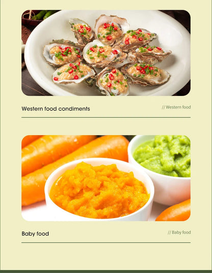 Two images: one of oysters with garnishes and another of baby food, on a beige background.