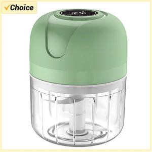 Green handheld food chopper on a white background