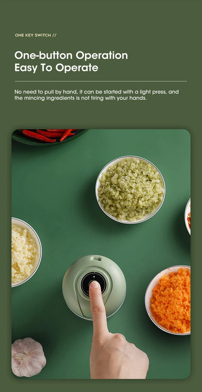 Hand pressing a one-button device with minced ingredients on a green surface