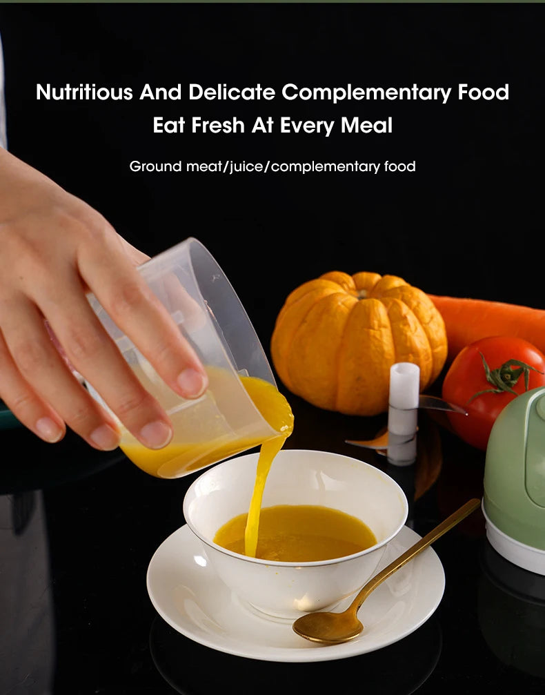 Hand pouring a yellow liquid into a white bowl with vegetables and a blender in the background.