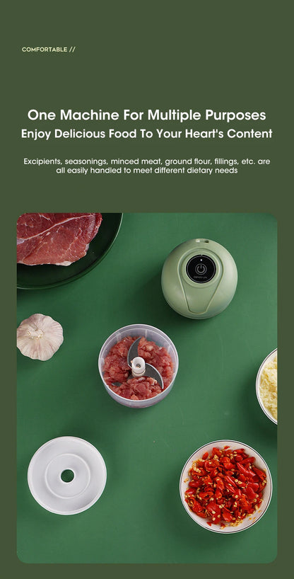 Green food processor with ingredients on a green background