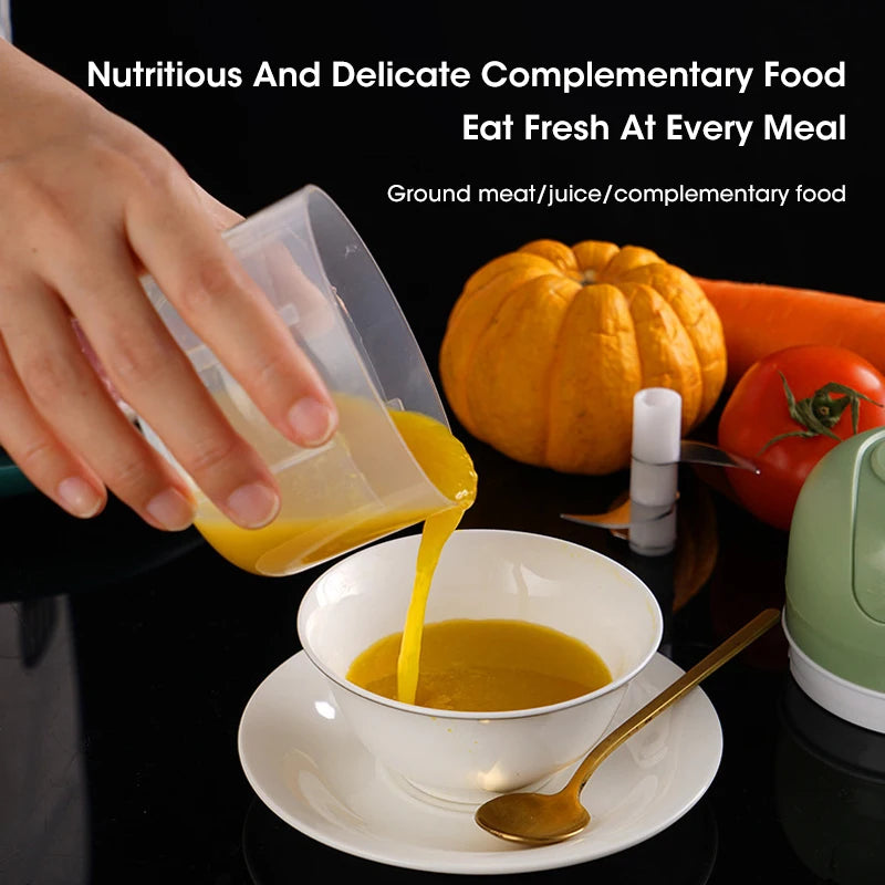 Hand pouring a yellow liquid from a container into a bowl with text about nutritious food.