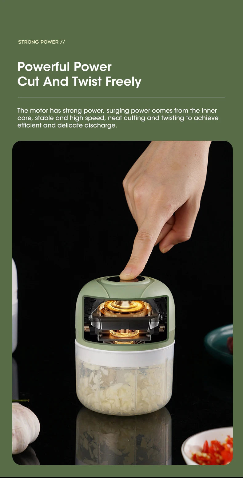 Hand using a kitchen appliance to chop vegetables with text highlighting its powerful cutting capabilities.