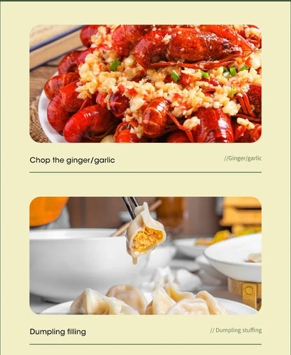 Top image of cooked crawfish with garlic and ginger, bottom image of dumplings with a close-up of a dumpling filling.