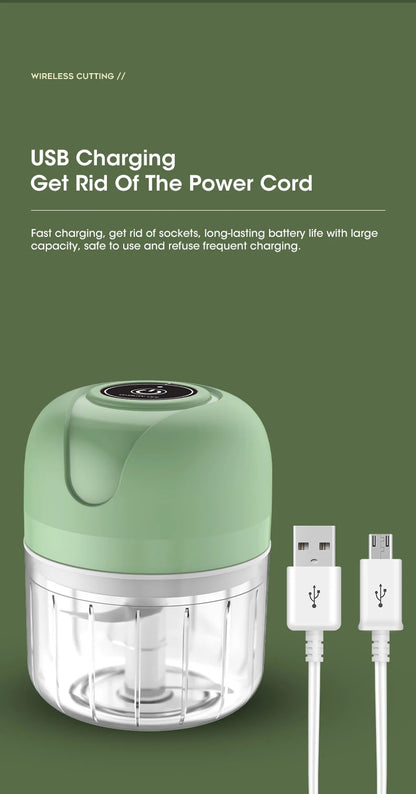 Green handheld chopper with USB charging cable on a green background