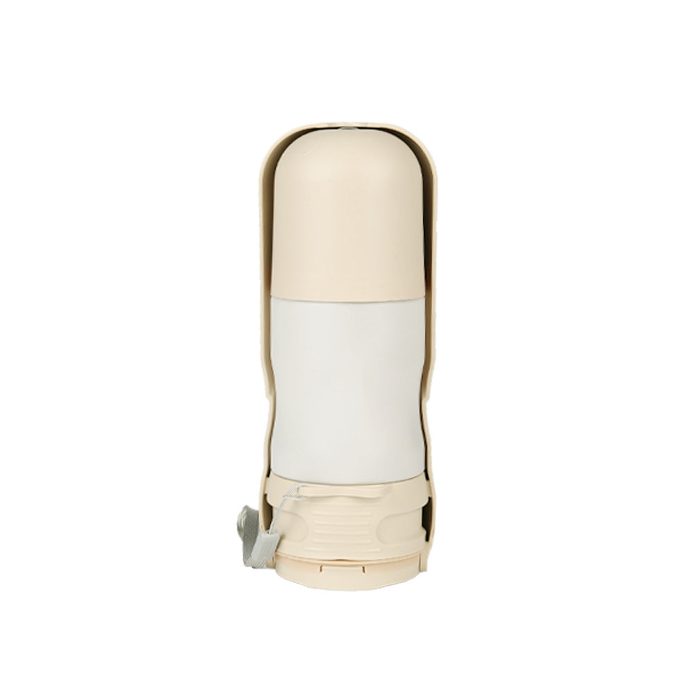 Beige water bottle with a strap on a white background