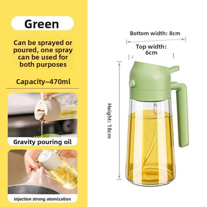 Green oil sprayer with measurement details on a white background