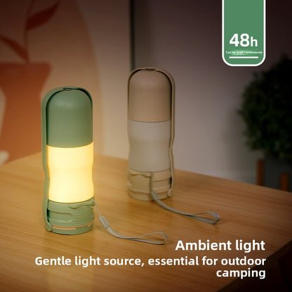 Portable light bottle water on a wooden surface, labeled as essential for outdoor camping.