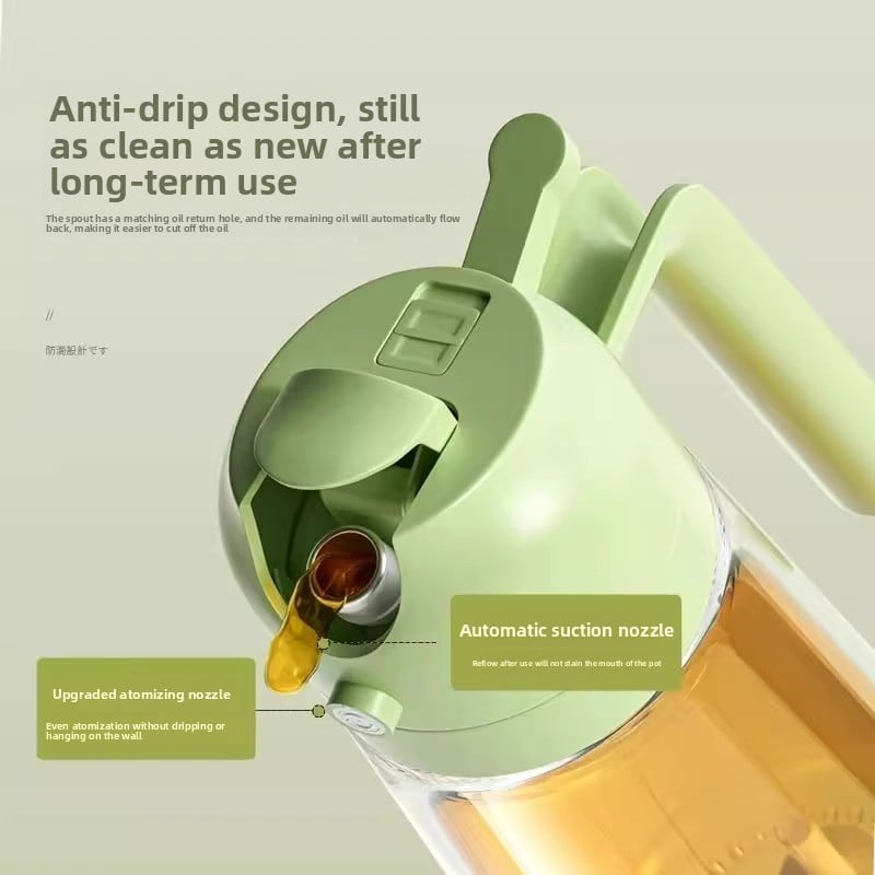 Green oil dispenser head with text highlighting features on a light gray background