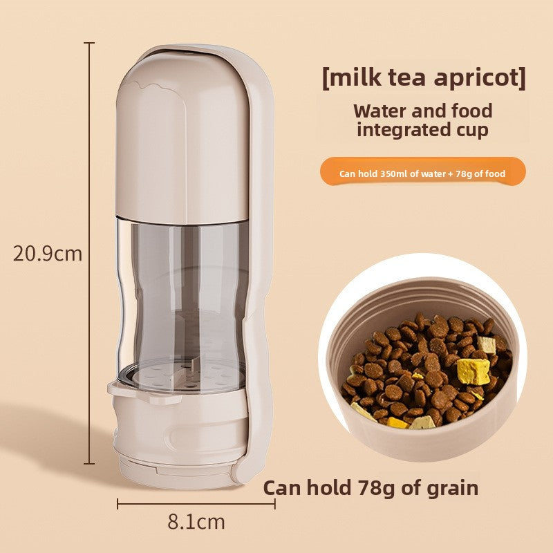 Water and food integrated cup with measurements and capacity details on a beige background