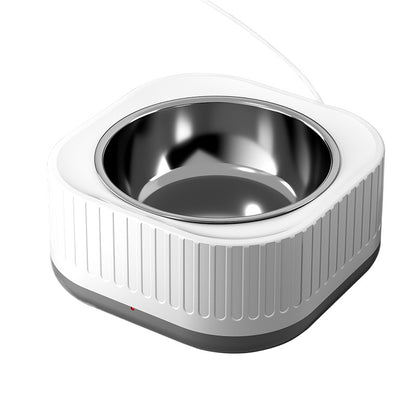 Stainless steel pet bowl with white base on a white background